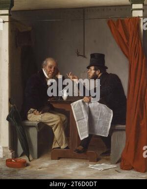 La politique dans une maison d'huîtres, 1848. Après leur repas, le plus jeune des deux personnages, barbu et portant son chapeau haut-de-forme à l'intérieur, se penche sur la table, comptant les arguments sur les doigts d'une main et agrippant le journal qui alimente ses opinions dans l'autre. L'homme plus âgé, calomnieux, aux visages roux, réchauffé par la liqueur dans son verre à moitié vide, regarde avec amusement le spectateur. La cabine dans laquelle ils sont assis, avec son rideau d'intimité rouge tiré sur le côté, crée une scène peu profonde avant-scène pour cette scène de dispute intergénérationnelle. Les personnages sont engagés avec le p Banque D'Images