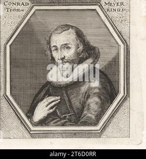 Conrad Meyer, paysagiste suisse, graveur et médaillé de Zurich, 1618-1689. Élève de son père Dietrich Meyer et Matthaus Merian. Conrad Meyer Tigurinus. Gravure sur cuivre d'après une illustration de Joachim von Sandrart tirée de sa LAcademia Todesca, della Architectura, Scultura & Pittura, oder Teutsche Academie, der Edlen Bau- Bild- und Mahlerey-Kunste, Académie allemande d'architecture, de sculpture et de peinture, Jacob von Sandrart, Nuremberg, 1675. Banque D'Images