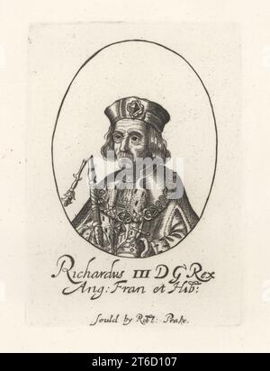 Richard III, 1452-1485, roi d'Angleterre et seigneur d'Irlande, dernier roi de la Maison d'York et de la dynastie Plantagenêt. En chapeau orné de bijoux, orbe et sceptre cassé, cape en ermine et collier orné de bijoux. Roi Richard III d'Angleterre. De l'ensemble des rois de William Faithorne. Vendu par Robert Peake. Richardus III, DG Rex Ang Fran et Hib. Gravure sur cuivre de Samuel Woodburns Gallery of rare Portraits consistant en plaques originales, George Jones, 102 St Martins Lane, Londres, 1816. Banque D'Images