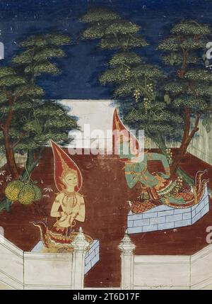 Vessantara Jataka, Chapitre 1 (Ten Boons), c1850-1870. Avant sa renaissance sur terre en tant que mère de Vessantara, la reine Phusati résidait au ciel en tant que reine principale d'Indra, roi des dieux. Quand il est devenu temps pour Phusati de renaître sur terre, elle est apparue devant Indra, et il lui a accordé dix vœux pour sa vie future. Ceux-ci comprenaient le mariage avec un roi et avoir un fils généreux. Dans les peintures thaïlandaises, le ciel d'Indra est souvent représenté comme un complexe fortifié avec de grandes richesses, auquel font allusion ici des arbres portant des fruits abondants. Banque D'Images