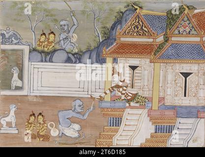 Vessantara Jataka, Chapitre 8 (les enfants royaux), 1920-1940. Jujaka rend visite à Vessantara dans son chalet dans la forêt et demande les enfants. Vessantara est heureux de pouvoir aider le brahmin avec sa demande et donne immédiatement ses deux enfants, Jali et Kanha. Encore une fois, nous voyons l'échange représenté avec le déversement d'eau sur les mains de Jujaka. Alors que les enfants partent avec lui, Jujaka leur attache les mains ensemble et les frappe avec un bâton. Banque D'Images