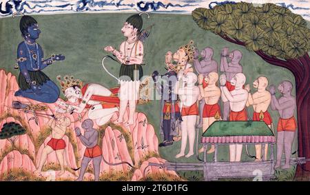 Adieu de Sugriva, 1700-1725. Dans cette illustration du "Ramayana", le dieu Rama, coloré en bleu, fait face à la forme prostrée du singe Sugriva. Rama a établi une alliance avec Sugriva, qui lui dit adieu avant de partir pour son royaume. La figure debout à la peau blanche est Lakshmana, le frère de Rama. Banque D'Images