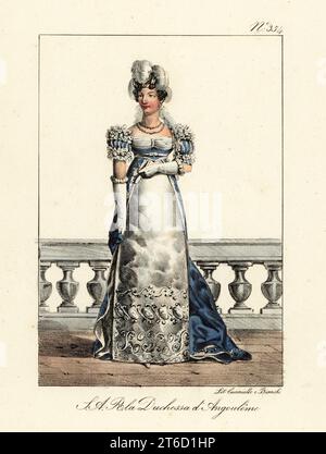 Marie-Thérèse Charlotte, duchesse de Angoulême (1778-1851), aînée du roi Louis XVI et de Marie-Antoinette de France. En robe de cour brodée. S.A.R. Madame, Duchesse d'Angoulême. Lithographie coloriée à la main de Lorenzo Bianchi et Domenico Cuciniello d'après Hippolyte Lecomte de Costumi civili e militari della monarchia francese dal 1200 al 1820, Naples, 1825. Édition italienne des costumes civils et militaires Lecomtes de la monarchie française de 1200 à 1820. Banque D'Images