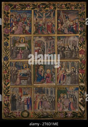 Feuille illuminée avec la profession de Clarissan Nune, c1530-1550. Douze images rectangulaires avec des scènes de la passion du Christ, de la vie de Saint Claire d'Assise, et de la profession d'une religieuse Clarissan. Les douze scènes sont enfermées dans une bordure de «fleurs éparpillées» en or liquide et couleurs, typiques de celles peintes dans les manuscrits enluminés à Gand et Bruges commençant ca. 1470. Banque D'Images