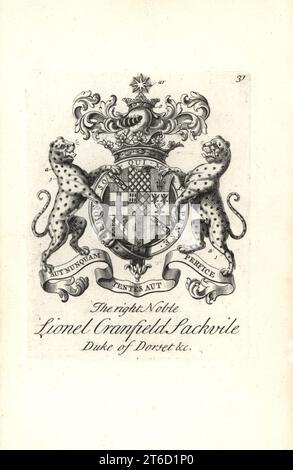 Armoiries et écusson du noble droit Lionel Cranfield Sackville, duc de Dorset, 1688-1765. Gravure de Copperplate par Andrew Johnston après C. Gardiner de Notitia Anglicana, Shwing the Réalisations of all the English Noblesse, Andrew Johnson, The Strand, Londres, 1724. Banque D'Images