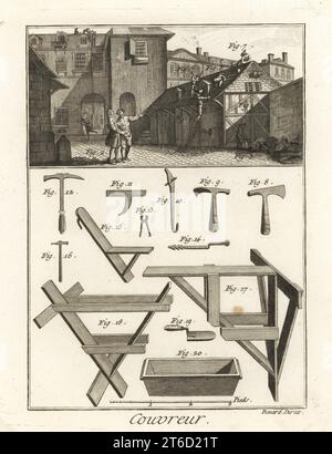 Couvreurs travaillant sur un bâtiment, posant des tuiles d'ardoise sur un toit, 18e siècle. Divers outils de toiture, marteaux, truelles, échelles, etc. Couvreur. Gravure sur cuivre de Robert Benard de Denis Diderot et Jean le rond dAlemberts Encyclopédie (Encyclopédie), Genève, 1778. Banque D'Images