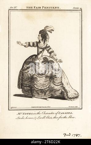 Mme Mary Ann Yates dans le personnage de Calista dans Nicholas Rowes le Pénitent de la Foire, Drury Lane Theatre, 1760. Gravure sur cuivre de J. Thornthwaite d'après une illustration de James Roberts du Bells British Theatre, composée des pièces anglaises les plus appréciées, John Bell, Londres, 1776. Banque D'Images