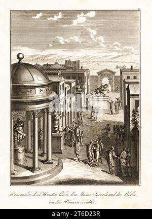 Statues des héros romains Publius Horatius Cocles et Mucius Scaevola, et héroïne Cloelia à cheval. Les citoyens romains admirent les monuments sur une rue. Monumens eriges par les Romains a Horatius-Cocles, Scevola et Clelie. Gravure sur cuivre de Johann Georg Mansfeld d'après un dessin de Hubert-François Gravelot du professeur Joseph Rudolf Zappes Gemalde aus der romischen Geschichte, Pictures of Roman History, Joseph Schalbacher, Vienne, 1800. Édition allemande de l'Abbé Claude Francois Xavier Millots Abrege de lHistoire Romaine. Banque D'Images