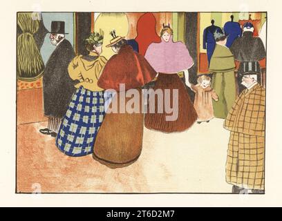 Femmes à la mode lèche-vitrine en capes courtes et jupes complètes, Paris, 1895. D'après une peinture de Felix Vallotton. Lithographie de pochoeur coloriée à la main par Marcel Bry d'après Felix Vallotton de Raymonde Sees le Costume de la Revolution a nos jours, Editions de la Gazette des Beaux-Arts, Paris, 1929. Banque D'Images