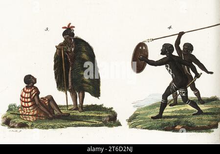 Costumes du peuple d'Australie, 18th siècle. Homme maori en manteau de plumes de kakahu avec hache de guerre, femme en jupe d'herbe, Nouvelle-Zélande 3, et guerriers aborigènes en peinture corporelle, armés de bouclier et de lance, Australie 4. Gravure sur plaque de coperplate de Friedrich Johann Bertuch's Bilderbuch fur Kinder (Picture Book for Children), Weimar, 1792. Banque D'Images