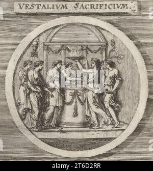 Vierges faisant un sacrifice à un autel à la déesse romaine Vesta. Les prêtresses en couronnes de Laurier apportent une torche et un plateau de flammes. D'autres vestales jouent de la musique sur une lyre et des branches de fleurs de vague. Vitalium Sacrificium. Gravure sur cuivre d'après une illustration de Joachim von Sandrart tirée de sa LAcademia Todesca, della Architectura, Scultura & Pittura, oder Teutsche Academie, der Edlen Bau- Bild- und Mahlerey-Kunste, Académie allemande d'architecture, de sculpture et de peinture, Jacob von Sandrart, Nuremberg, 1675. Banque D'Images