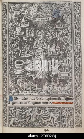 La Vierge Marie, 1503. Illustration tirée d'un livre d'heures, Salisbury. Texte latin : « [?] Matutinas de conceptione beatisseme dei genitricis Virginis marie' - (traduit en gros par '[?] Matins de la conception bénie de la Vierge Marie, mère de Dieu »). Banque D'Images