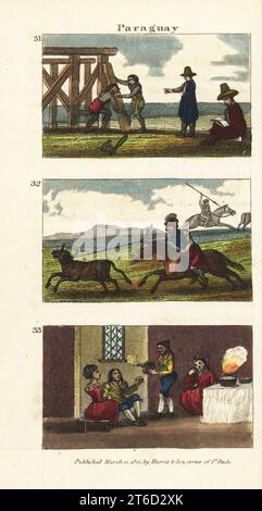 Les jésuites ordonnent aux indigènes de construire des maisons au Paraguay en 31, les gaucho cow-boys chassant du bétail sauvage à cheval en 32, et les Espagnols buvant du maté à travers un tube d'argent à Buenos Ayres en 33. Gravure sur cuivre colorée à la main de scènes du révérend Isaac Taylors en Amérique, pour le divertissement et l'instruction de petits voyageurs Tarry-at-Home, John Harris, Londres, 1821. Banque D'Images