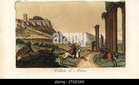 Vue de la ville d'Athènes, Grèce, avec l'Acropole et le Parthénon à gauche, ruines de colonnes, monuments et Propylaea en face. Vedute di Atene. Gravure sur cuivre colorée à la main de Giulio Ferrarios costumes Ancient and Modern of the Peoples of the World, il Costume Antico e Moderno, Florence, 1842. Banque D'Images