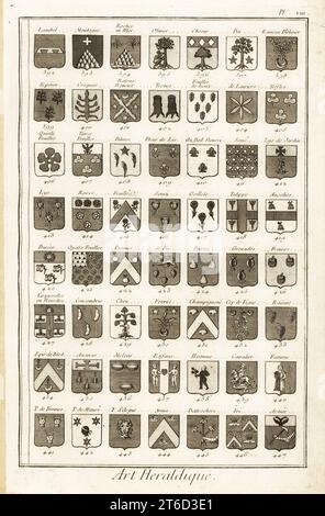 Exemples de termes héraldiques décrivant un blason. Comprend Lambel, montagne, epines, palmes, lys, roses, pommes, homme, femme, chevalier, concombres, chou, noisettes, melons, enfan, yeux, ananas, etc Gravure sur cuivre de Robert Benard de Blason ou Art Héraldique, section héraldique de Denis Diderot et Jean-Baptiste le rond dAlemberts Encyclopédie, publiée par Brisson, David, le Breton et Durand, Paris, 1763. Banque D'Images