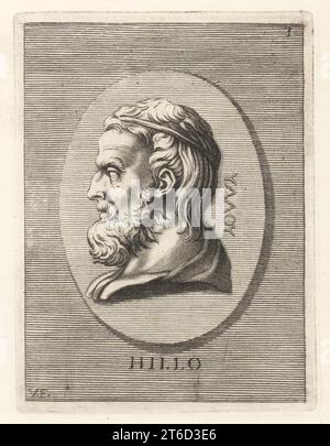 Hyllas, ou Hyllus, dans le mythe grec, il était fils d'Héraclès et de Deianira, mari de Iole, et nourri par Abia. Tête d'un homme barbu. Hillo. Gravure sur cuivre de Guillaume Vallet d'après Giovanni Angelo Canini de Iconografia, cioe disegni d'imagini de famosissimi monarchi, regi, filososi, poeti ed oratori dell' Antichita, dessins d'images de monarques célèbres, rois, philosophes, poètes et orateurs de l'Antiquité, Ignatio deLazari, Rome, 1699. Banque D'Images