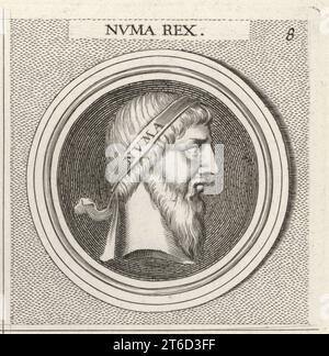 NUMA Pompilius, légendaire second roi de Rome, vers 753672 av. J.-C. Crédité de l'invention du calendrier romain, des Vierges vestales, des cultes de Mars, Jupiter et Romulus, et de l'office de pontifex maximus. NUMA Rex. Gravure sur cuivre d'après une illustration de Joachim von Sandrart tirée de sa LAcademia Todesca, della Architectura, Scultura & Pittura, oder Teutsche Academie, der Edlen Bau- Bild- und Mahlerey-Kunste, Académie allemande d'architecture, de sculpture et de peinture, Jacob von Sandrart, Nuremberg, 1675. Banque D'Images