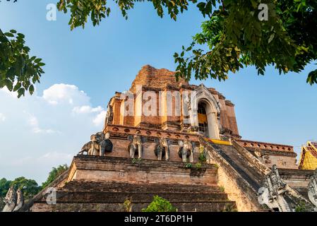 Principal central, 14e siècle chedi du complexe de temple vaste, ancienne architecture Lanna, éclairé par le soleil de fin d'après-midi, belle région entourée par tre Banque D'Images