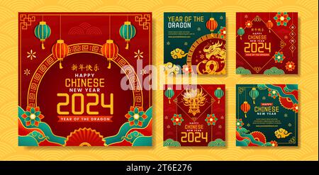 Nouvel an chinois 2024 social Media Post Illustration Flat Cartoon Hand Drawn Templates Background Illustration de Vecteur