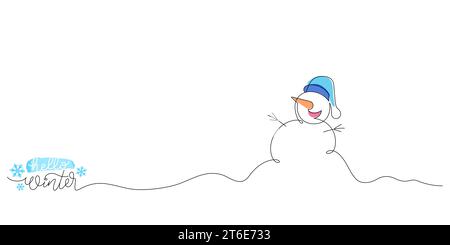 un dessin au trait de bonhomme de neige avec l'inscription hello hiver illustration de ligne mince Illustration de Vecteur