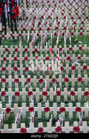 Londres, Royaume-Uni. 09 novembre 2023. Les croix commémoratives avec des coquelicots attachés sont placées en lignes de manière ordonnée. C'est le 95e champ du souvenir de l'abbaye de Westminster. Le champ du souvenir a lieu dans le domaine de l'abbaye de Westminster depuis novembre 1928, pour commémorer ceux qui ont perdu la vie en servant dans les Forces armées. (Photo Martin Pope/SOPA Images/Sipa USA) crédit : SIPA USA/Alamy Live News Banque D'Images