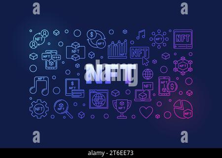 NFT crypto-monnaie et blockchain concept bannière horizontale colorée. Illustration de ligne fine vectorielle non fongible Token Technology sur fond sombre Illustration de Vecteur