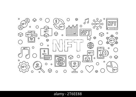 Bannière horizontale de contour de concept de crypto-monnaie et de blockchain NFT - illustration vectorielle non fongible Token Technology Illustration de Vecteur