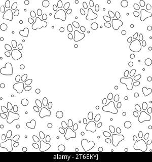 Cadre en contour PET Paw imprime des symboles avec un espace vide en forme de cœur pour le texte - illustration simple vectorielle dans le style de ligne Illustration de Vecteur