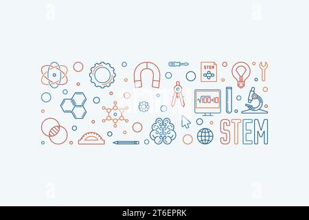 Science, technologie, ingénierie et mathématiques - bannière créative horizontale de vecteur de TIGE ou illustration dans le style de ligne mince Illustration de Vecteur