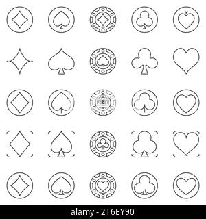 Jeu d'icônes de contour de combinaisons de cartes et de jetons de poker - symboles linéaires vectoriels de concept de jeu de casino Illustration de Vecteur