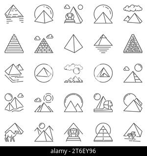 Ensemble d'icônes de contour des pyramides égyptiennes. Pyramide en Égypte symboles de ligne vectorielle de concept Illustration de Vecteur