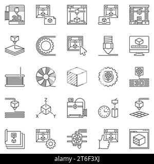 Jeu d'icônes de contour de concept d'impression 3D - symboles linéaires d'imprimante vectorielle et de fabrication additive Illustration de Vecteur