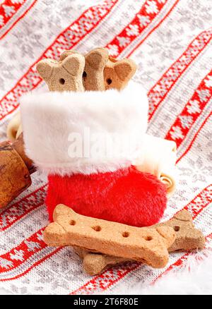 Friandises pour chiens qui attendent sous le sapin pour le matin de Noël Banque D'Images