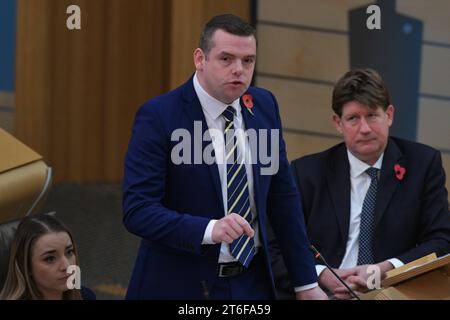 Édimbourg Écosse, Royaume-Uni 09 novembre 2023. Chef du Parti conservateur et unioniste écossais Douglas Ross au Parlement écossais pour les questions du premier ministre. crédit sst/alamy live news Banque D'Images