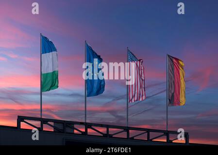 Brandissant des drapeaux dans le ciel du soir, Rhénanie-Palatinat, Allemagne Banque D'Images