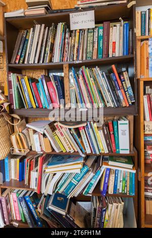 Divers livres exposés dans une bibliothèque à vendre à l'intérieur du magasin de biens d'occasion et de biens meubles, Québec, Canada Banque D'Images