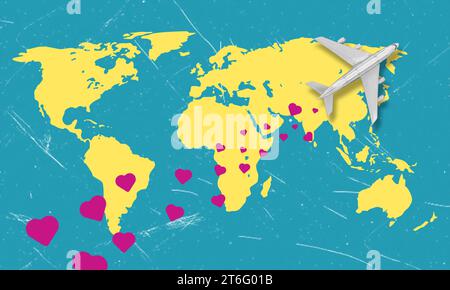 Un collage artistique moderne avec une image de la carte du monde et un avion volant orné de coeurs. Le concept tourne autour de l’idée de trave Banque D'Images