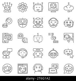 Jeu d'icônes de contour Chatbot - Chat Bots conversation de chat en ligne et support des symboles de ligne vectorielle robot concept Illustration de Vecteur