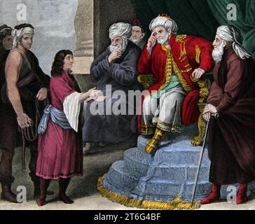 Illustration de Joseph interprétant les rêves du Pharaon (Genèse) à partir de la Bible de famille auto-interprétative Banque D'Images