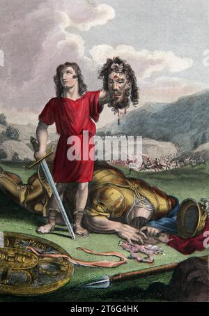 Illustration de David tuant le géant Goliath après l'avoir frappé avec une pierre sur son front tuant Goliath il lui coupe ensuite la tête avec une épée Banque D'Images