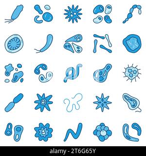 Jeu d'icônes bleues de bactéries et de microbes. Virus signes créatifs. Symboles du concept de biologie microbienne Illustration de Vecteur
