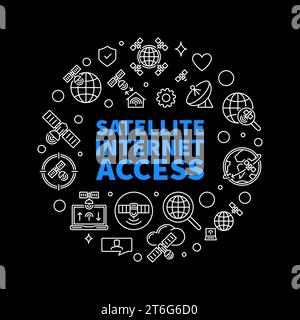 Bannière ronde de contour de vecteur d'accès Internet par satellite. Illustration de la ligne concept du réseau de communication sur fond noir Illustration de Vecteur