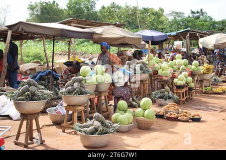 Cotonou. 23 octobre 2023. Cette photo prise le 23 octobre 2023 montre des ananas en vente dans un stand de fruits à Ze, une importante région productrice d’ananas du Bénin. POUR ALLER AVEC '(CIIE) Feature : CIIE ouvre un vaste marché pour les ananas du Bénin' crédit : Seraphin Zounyekpe/Xinhua/Alamy Live News Banque D'Images