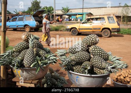 Cotonou. 23 octobre 2023. Cette photo prise le 23 octobre 2023 montre des ananas en vente dans un stand de fruits à Ze, une importante région productrice d’ananas du Bénin. POUR ALLER AVEC '(CIIE) Feature : CIIE ouvre un vaste marché pour les ananas du Bénin' crédit : Seraphin Zounyekpe/Xinhua/Alamy Live News Banque D'Images