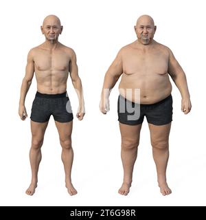 Une illustration médicale comparative en 3D représentant un homme de poids normal et le même homme en surpoids, mettant en évidence l'anatomie et la physe Banque D'Images