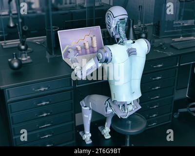 Un robot humanoïde travaillant avec un ordinateur portable étudiant le graphique de l'économie, illustration conceptuelle 3D. Intelligence artificielle, réseau neuronal, avenir du logiciel d Banque D'Images