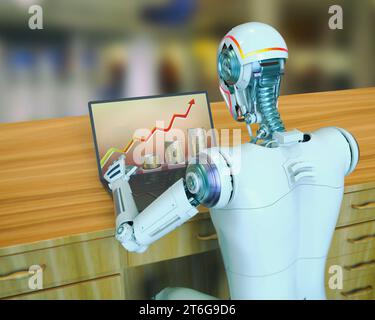Un robot humanoïde travaillant avec un ordinateur portable étudiant le graphique de l'économie, illustration conceptuelle 3D. Intelligence artificielle, réseau neuronal, avenir du logiciel d Banque D'Images