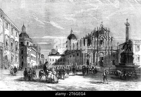 La Révolution en Sicile - la cathédrale et la place de l'éléphant, Catane, 1860. Catane, avec ses rues droites et ses maisons blanches, a l'apparence d'une belle ville moderne, malgré ses vingt-cinq siècles d'existence. Parmi les plus remarquables de ses bâtiments se trouve la cathédrale, un vaste bâtiment dédié à Santa Agata. La façade est ornée de fines colonnes de granit, tirées du théâtre de la ville antique, et la sacristie est recouverte de fresques représentant les ravages de l’éruption de 1669. Sur la place avant elle se trouve une fontaine [conçu par Giovanni Battista Banque D'Images