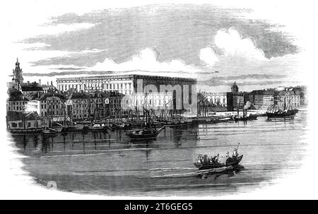 Palais royal, Stockholm, 1860. 'Le Palais est le grand objet d'attraction. Construit sur la partie la plus élevée de l'île centrale, ses murs vastes et massifs dominent au-dessus de tous les bâtiments voisins. Il contient les collections principales, et la plupart des autres objets d'intérêt se trouvent dans son voisinage immédiat. Les détails suivants du palais sont tirés du "Manuel de Murray à la Suède": "Cette noble structure a été achevée en 1753, d'après les plans du comte Tessin, par son fils. L'histoire du sous-sol est de granit, le reste de brique et de stuc. Il se compose d'un quadrilatère Banque D'Images