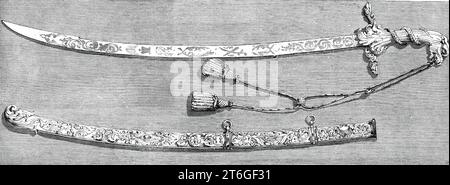 Épée présentée à Lord Clyde, G.C.B., jeudi, par le Conseil commun de Londres, 1860. «Conformément à un vote d'un tribunal du Conseil commun tenu il ya quelque temps la liberté de la ville de Londres et épées, de la valeur de cent guinées chacun, ont été présentés à Lord Clyde et Sir James Outram...in la Chambre du Conseil, Guildhall. La présentation a eu lieu devant un grand rassemblement de spectateurs, dont l'accueil enthousiaste des deux vaillants soldats témoignait de l'admiration de leur glorieuse carrière tardive en Inde... l'épée de Lord Clyde a été fabriquée à l'établissement de moi Banque D'Images